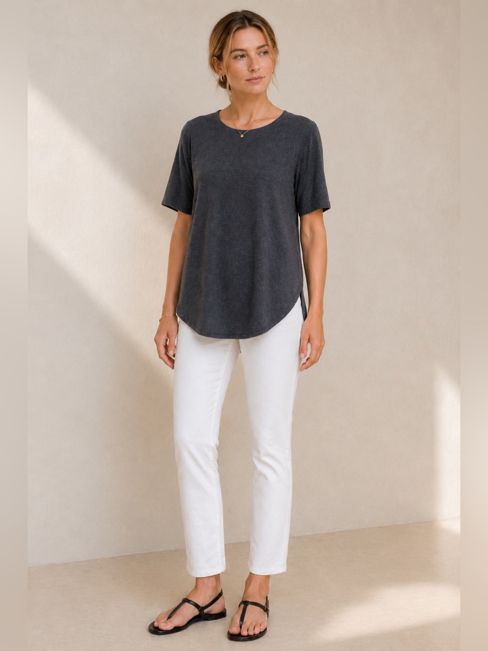 Eileen Fisher Stretch Jersey Tunic Tee Gray High Low Top Medium - Picture 3 of 10